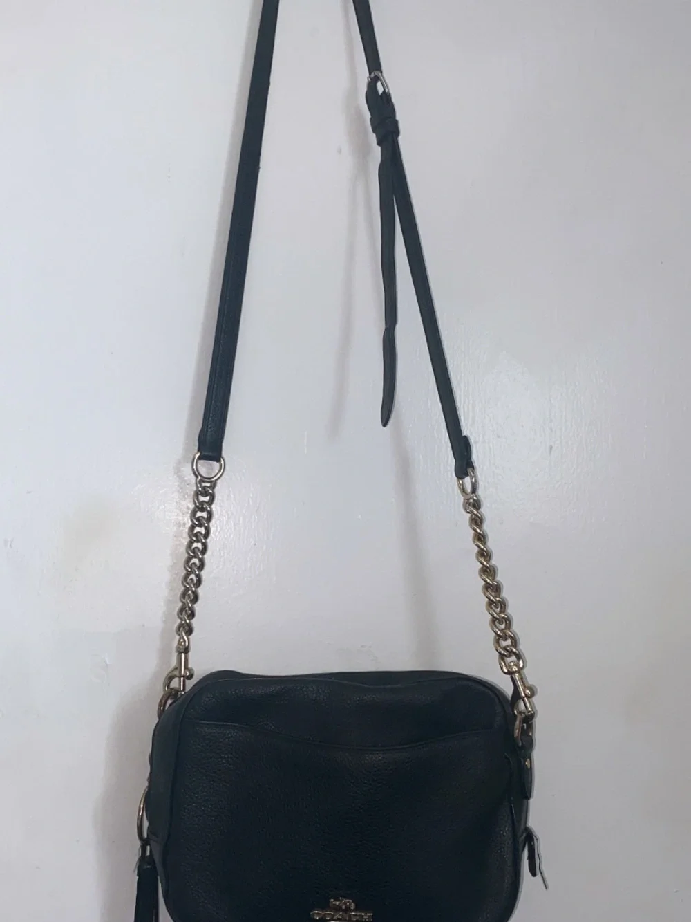 Black Leather Crossbody Bag with Gold Chain Accent